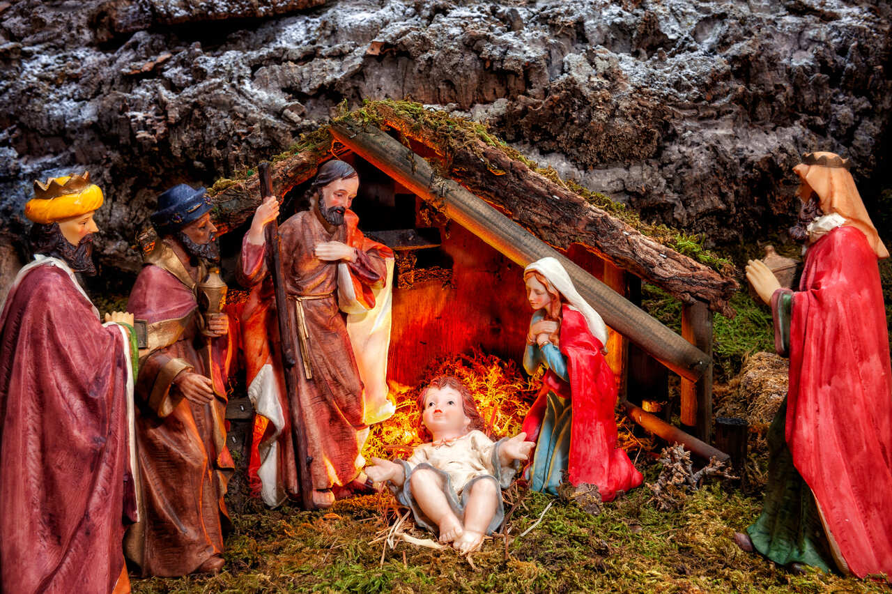 Nativity scene with baby Jesus, Mary, Joseph, and three wise men