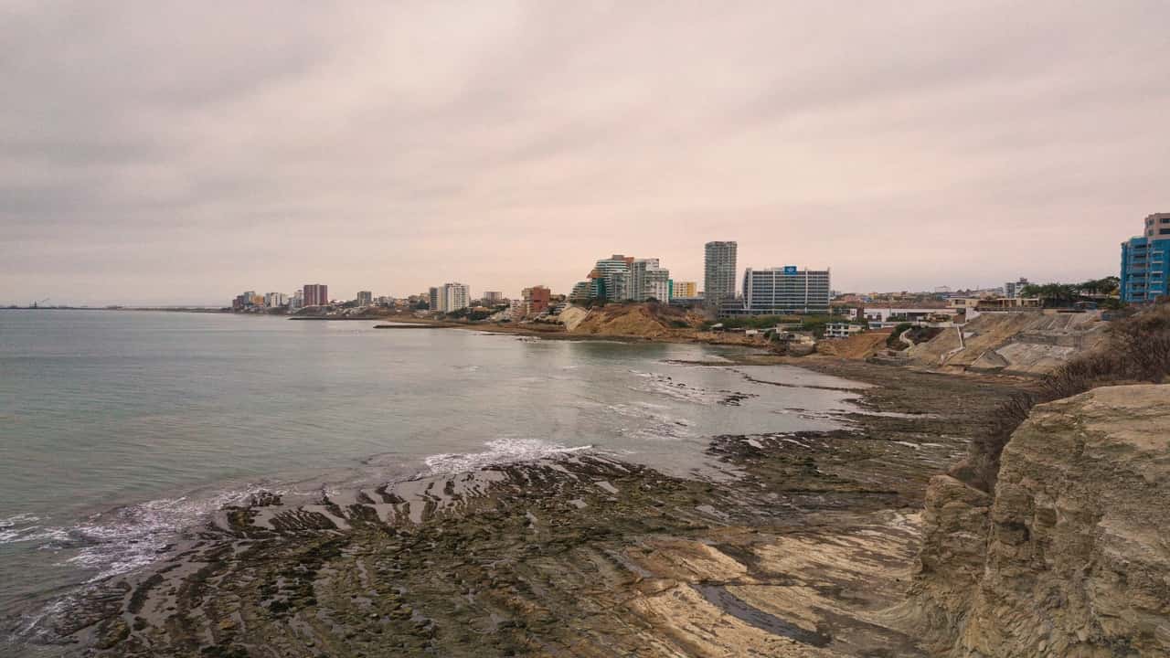 Urban coastal view with a rocky shore and city skyline