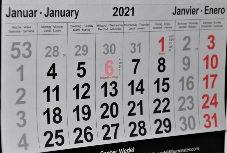 January 2021 calendar showing dates and holidays