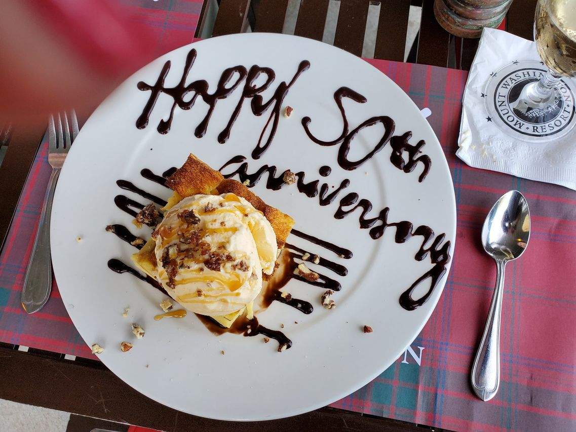 Happy 50th anniversary dessert plate with ice cream