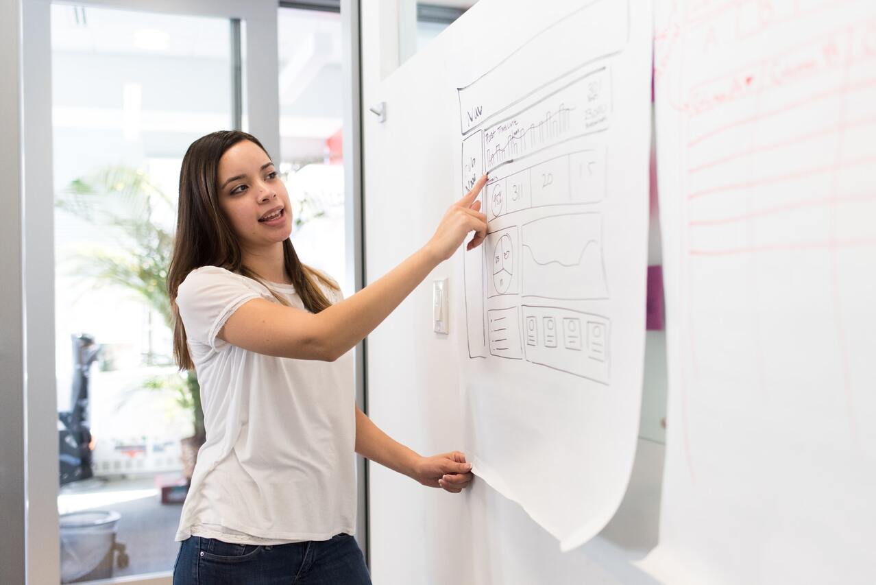 Woman explaining a project using a whiteboard diagram