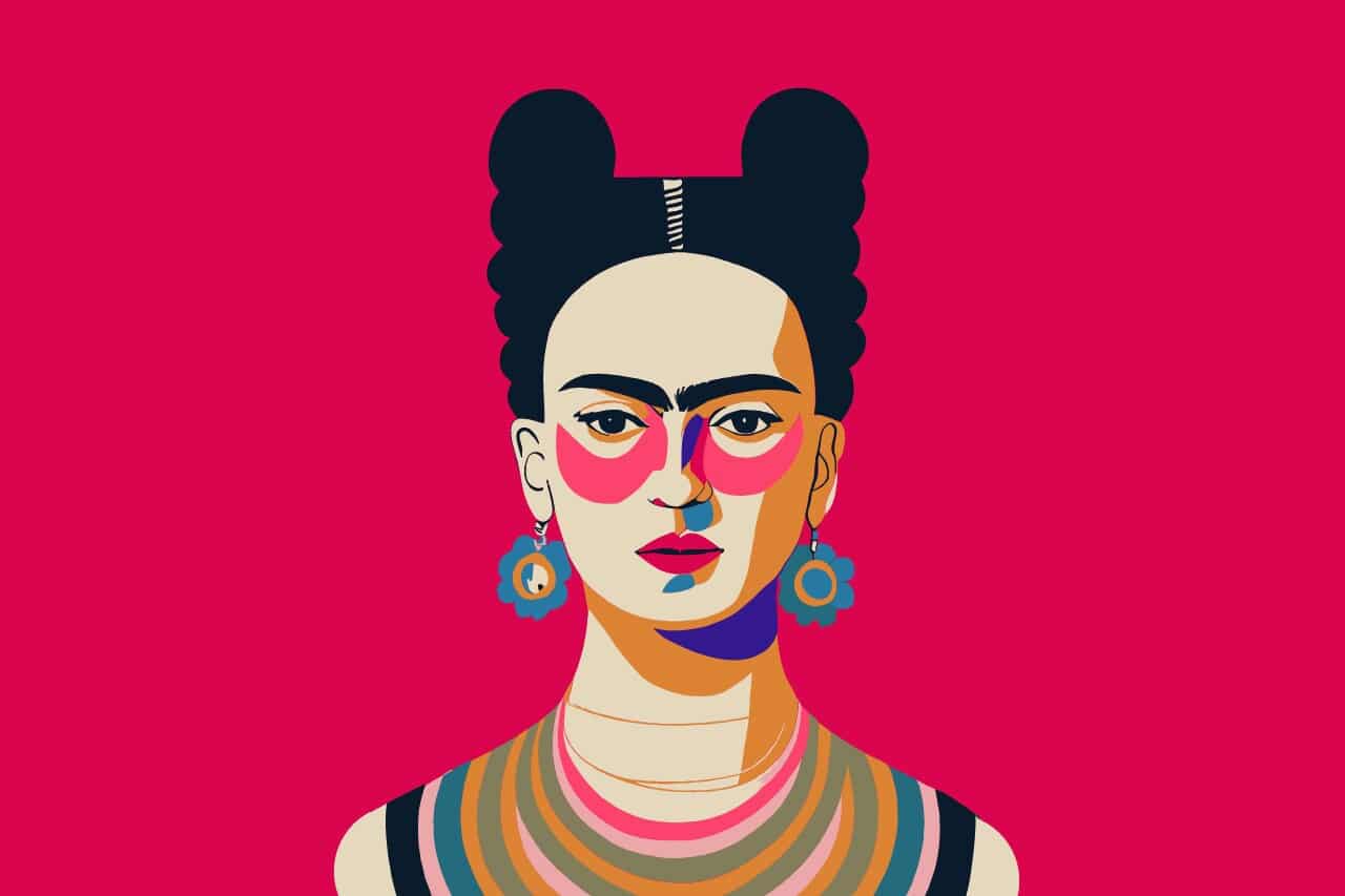 Colorful vector portrait of Frida Kahlo on pink background