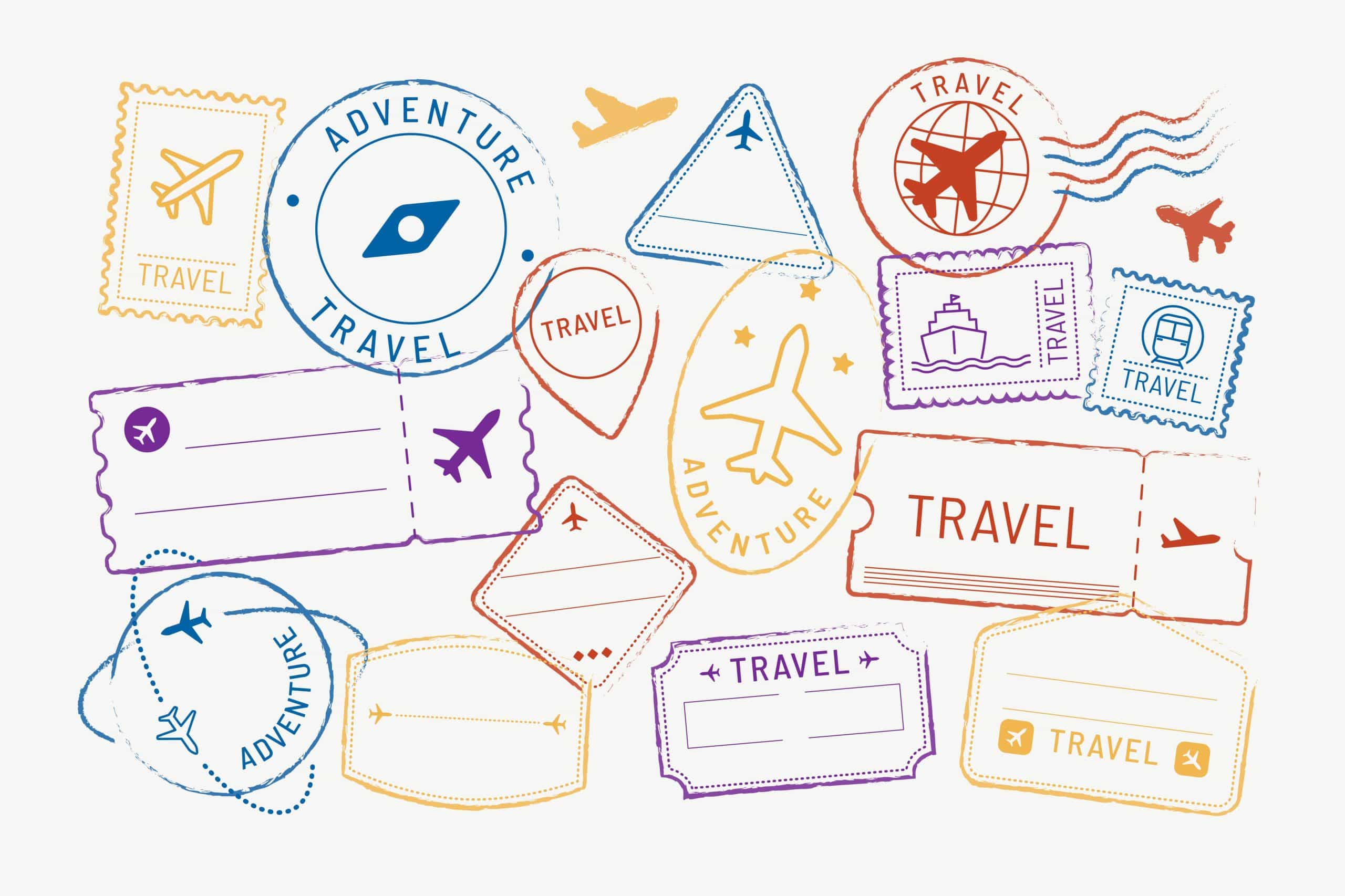 A collection of colorful travel-themed stamps, featuring airplanes, ships, and trains.