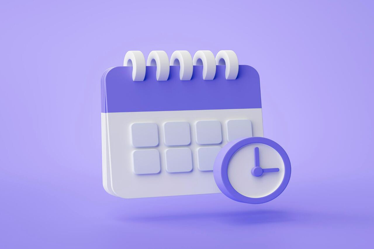 3D calendar and clock illustration on purple background