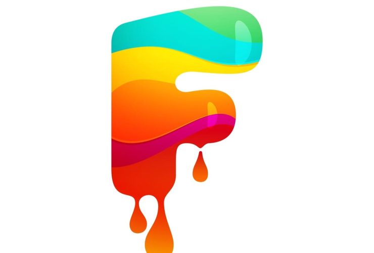 A vibrant and colorful letter "F" designed with a liquid, dripping effect in various bright colors.