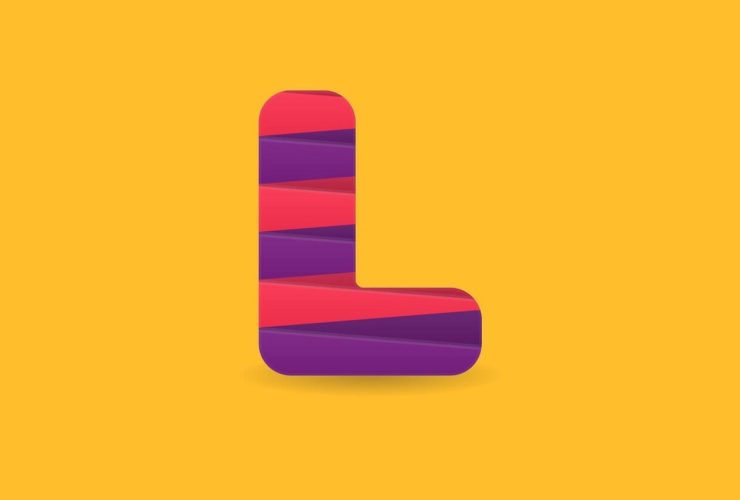 Striped red and purple "L" on a yellow background.