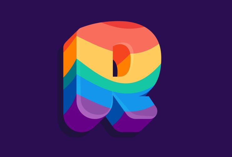 3D rainbow-colored letter "R" on a dark purple background