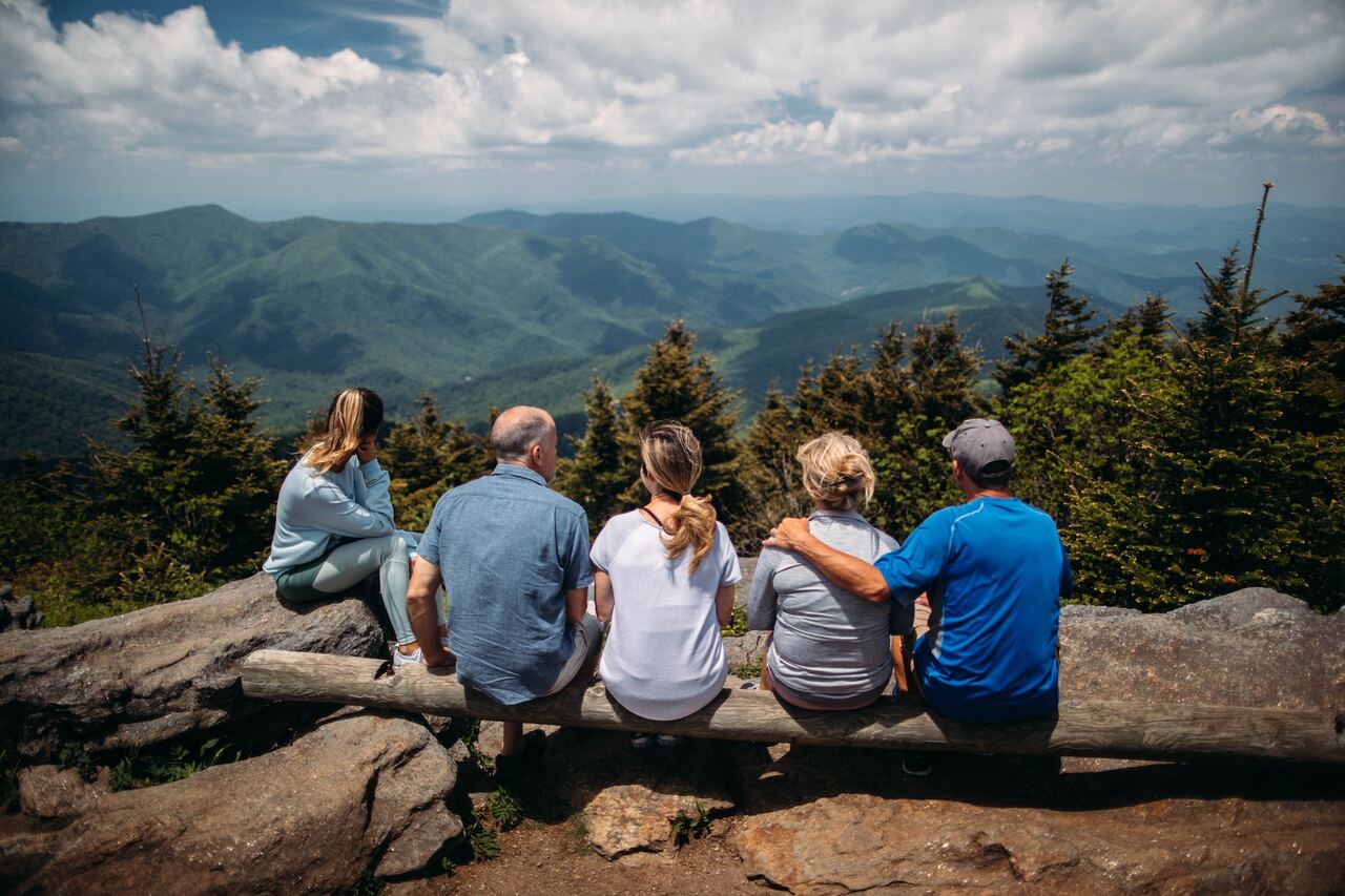 Group of people sitting on a log, overlooking scenic mountain view.