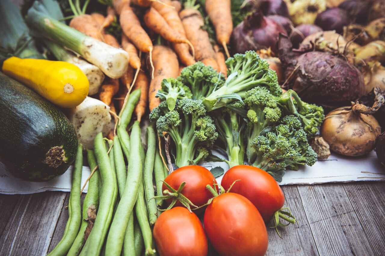 A selection of fresh vegetables including tomatoes, broccoli, carrots, beans, and squash.