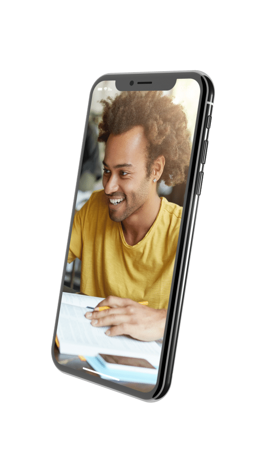 Person smiling on a floating smartphone screen​