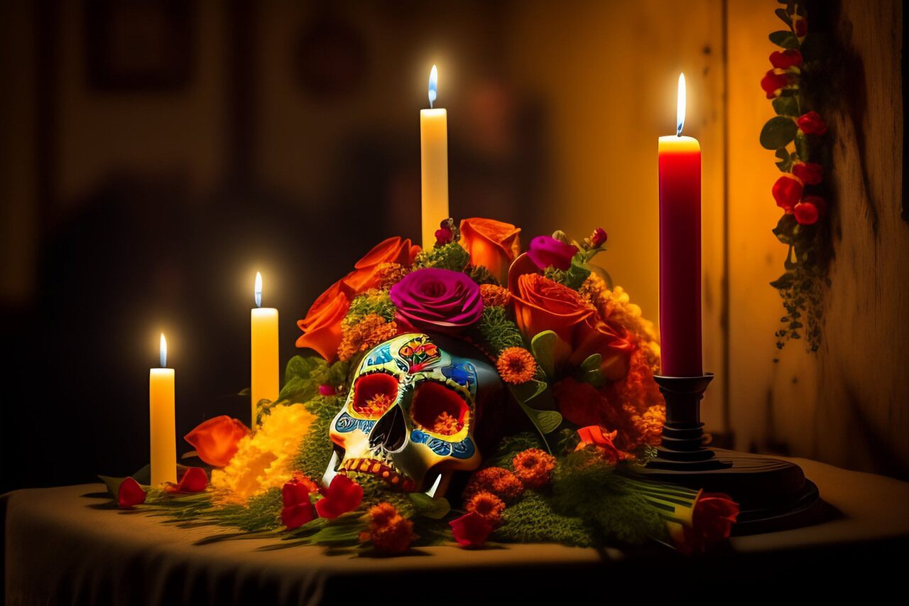 Decorated altar with candles and colorful sugar skull