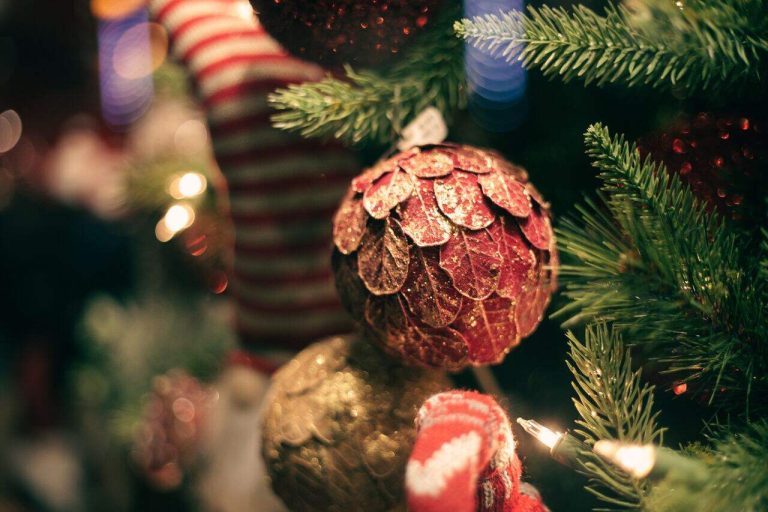 Red and gold ornaments on a Christmas tree branch