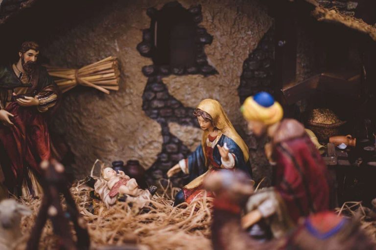 Nativity scene with Mary, Joseph, and baby Jesus