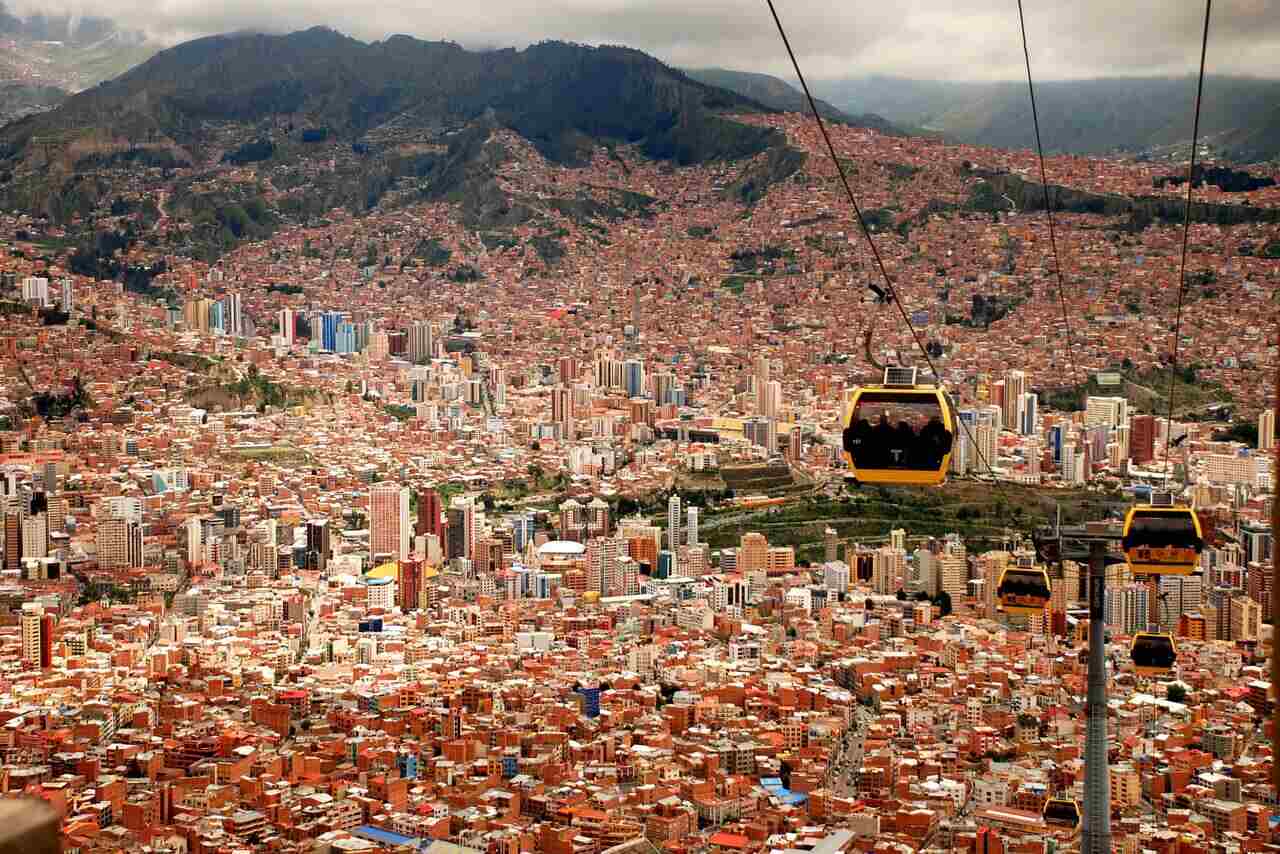 La Paz cityscape with cable cars and mountain backdrop