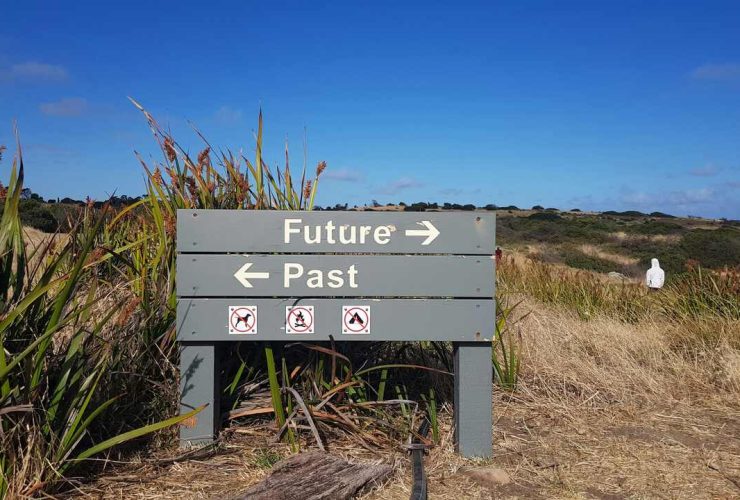 Signpost with arrows to future and past.