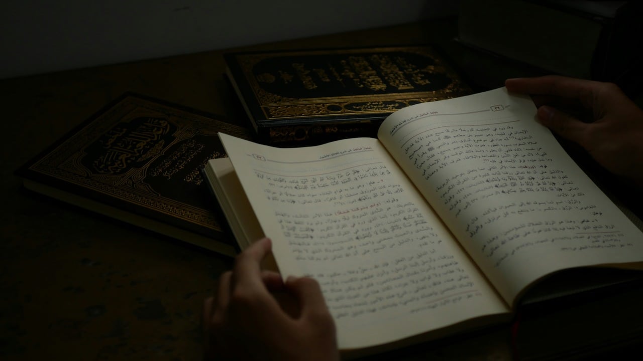 Person reading Arabic text from an open book.